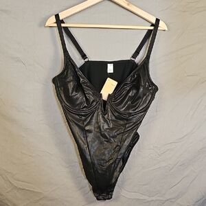 Popilush Black Faux Leather Bodysuit